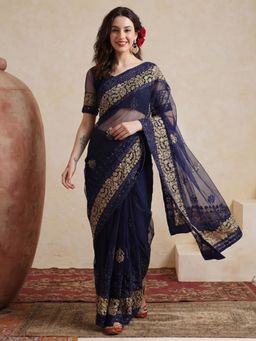 Jaipur Kurti - Navy Blue Net Embroidered Saree with Unstitched Blouse