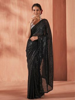 Jaipur Kurti - Black Georgette Embroidered Saree with Unstitched Blouse