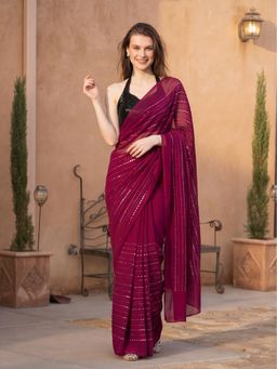 Jaipur Kurti - Maroon Georgette Embroidered Saree with Unstitched Blouse