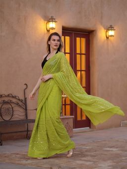 Jaipur Kurti - Green Embroidered Saree with Unstitched Blouse