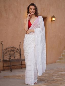 Jaipur Kurti - White Georgette Embroidered Saree with Unstitched Blouse