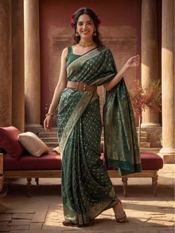 Jaipur Kurti - Green Silk Blend Woven Saree with Unstitched Blouse