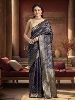 Jaipur Kurti - Navy Blue Silk Blend Woven Saree with Unstitched Blouse
