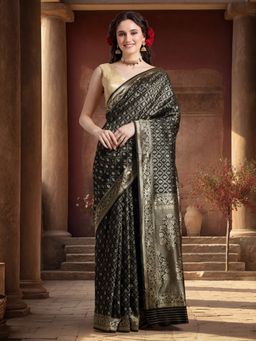 Jaipur Kurti - Black Silk Blend Woven Saree with Unstitched Blouse