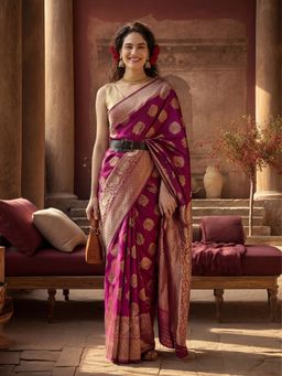 Jaipur Kurti - Burgundy Silk Blend Woven Saree with Unstitched Blouse