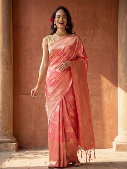 Jaipur Kurti - Peach Silk Blend Woven Saree with Unstitched Blouse