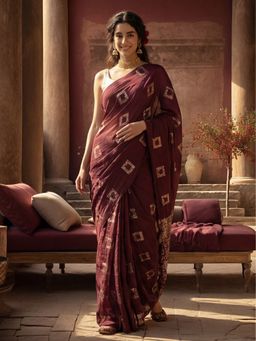 Jaipur Kurti - Burgundy Cotton Blend Woven Saree with Unstitched Blouse