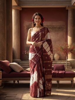 Jaipur Kurti - Burgundy Cotton Blend Tie & Dye Saree with Unstitched Blouse