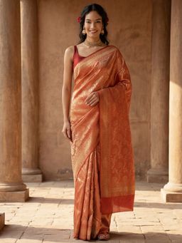 Jaipur Kurti - Red Cotton Blend Woven Saree with Unstitched Blouse