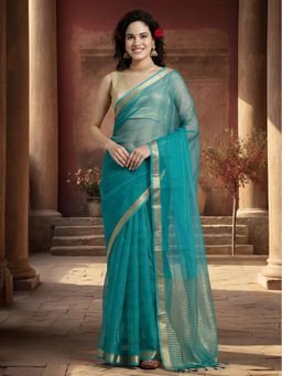 Jaipur Kurti - Teal Organza Woven Saree with Unstitched Blouse