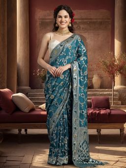 Jaipur Kurti - Teal Silk Blend Woven Saree with Unstitched Blouse