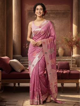 Jaipur Kurti - Lavender Silk Blend Woven Saree with Unstitched Blouse