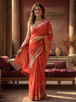 Jaipur Kurti - Orange Silk Blend Woven Saree with Unstitched Blouse