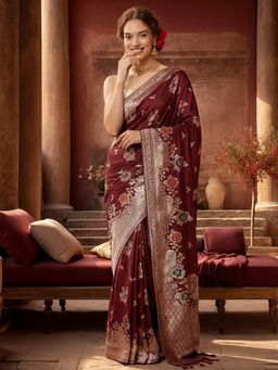 Jaipur Kurti - Burgundy Silk Blend Woven Saree with Unstitched Blouse