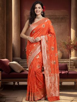 Jaipur Kurti - Orange Silk Blend Woven Zari Saree with Unstitched Blouse
