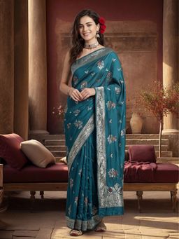 Jaipur Kurti - Teal Silk Blend Woven Saree with Unstitched Blouse