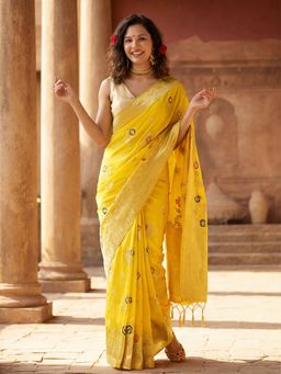Jaipur Kurti - Yellow Silk Blend Woven Saree with Unstitched Blouse