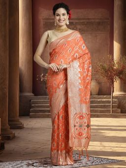 Jaipur Kurti - Orange Silk Blend Woven Zari Saree with Unstitched Blouse