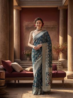 Jaipur Kurti - Teal Silk Blend Woven Saree with Unstitched Blouse