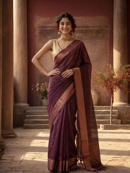 Jaipur Kurti - Burgundy Organza Woven Saree with Unstitched Blouse