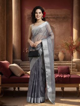 Jaipur Kurti - Grey Organza Woven Saree with Unstitched Blouse