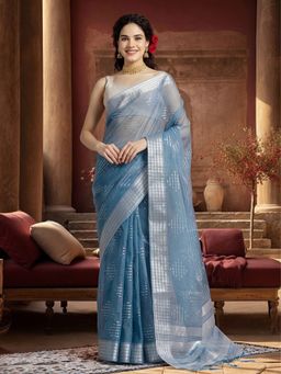 Jaipur Kurti - Teal Organza Woven Saree with Unstitched Blouse