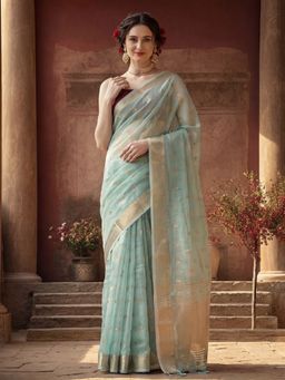 Jaipur Kurti - Blue Organza Woven Saree with Unstitched Blouse