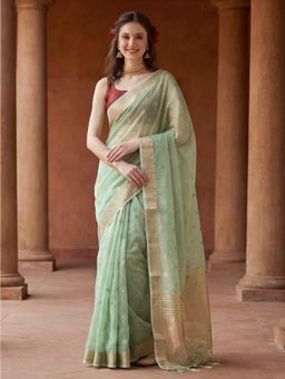 Jaipur Kurti - Green Organza Woven Saree with Unstitched Blouse