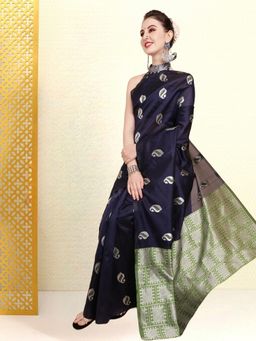 Kartika - Navy Blue Art Silk Blend Large Zari Circular Motifs Saree with Unstitched Blouse