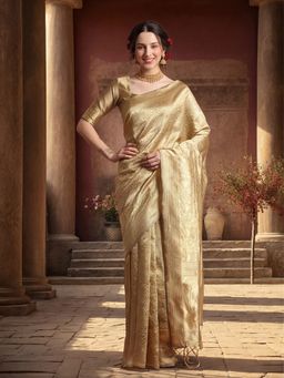 Jaipur Kurti - Cream Silk Blend Textured Saree with Unstitched Blouse