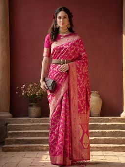 Jaipur Kurti - Pink Silk Blend Woven Saree with Unstitched Blouse
