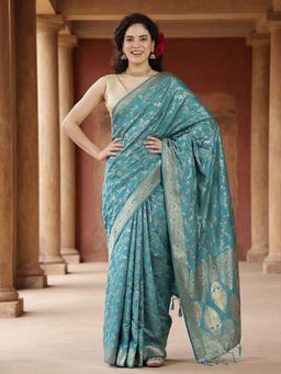 Jaipur Kurti - Blue Silk Blend Woven Saree with Unstitched Blouse