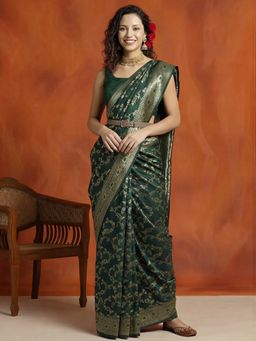 Jaipur Kurti - Olive Silk Blend Woven Saree with Unstitched Blouse