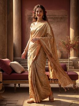 Jaipur Kurti - Beige Silk Blend Woven Saree with Unstitched Blouse