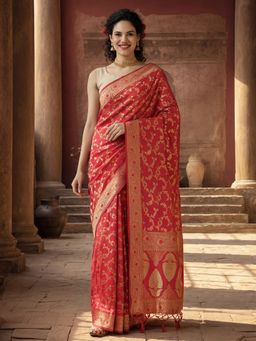 Jaipur Kurti - Peach Silk Blend Woven Saree with Unstitched Blouse