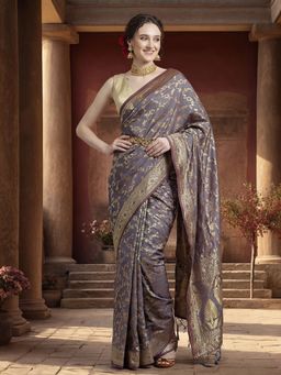 Jaipur Kurti - Grey Silk Blend Woven Saree with Unstitched Blouse