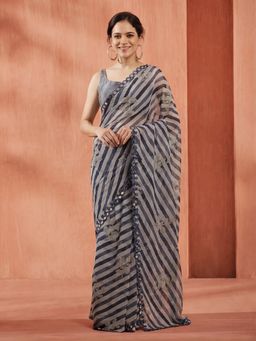 Jaipur Kurti - Grey Georgette Stripes Saree with Unstitched Blouse