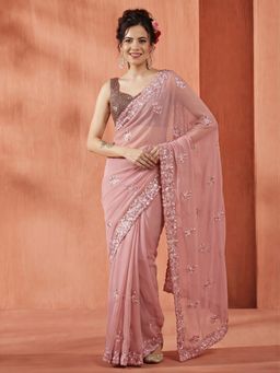 Jaipur Kurti - Pink Georgette Embroidered Saree with Unstitched Blouse