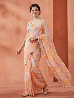 Jaipur Kurti - Peach Georgette Printed Saree with Unstitched Blouse