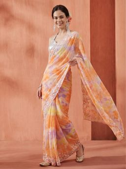 Jaipur Kurti - Orange Georgette Embroidered Saree with Unstitched Blouse