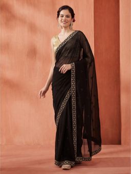 Jaipur Kurti - Black Georgette Embroidered Saree with Unstitched Blouse