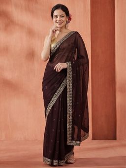 Jaipur Kurti - Burgundy Georgette Embroidered Saree with Unstitched Blouse