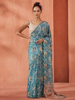 Jaipur Kurti - Teal Satin Printed Saree with Unstitched Blouse