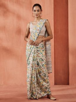 Jaipur Kurti - Green Satin Printed Saree with Unstitched Blouse