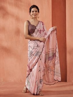 Jaipur Kurti - Peach Satin Printed Saree with Unstitched Blouse