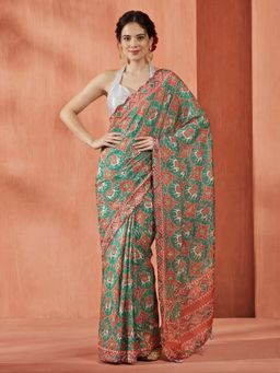 Jaipur Kurti - Orange Satin Printed Saree with Unstitched Blouse