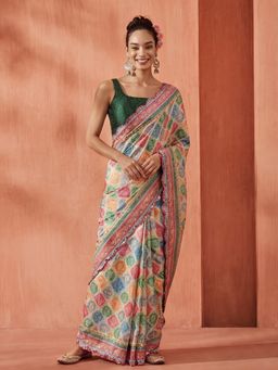 Jaipur Kurti - Pink Satin Printed Saree with Unstitched Blouse