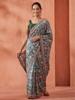 Jaipur Kurti - Green Satin Printed Saree with Unstitched Blouse