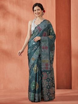 Jaipur Kurti - Green Satin Printed Saree with Unstitched Blouse