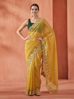 Jaipur Kurti - Yellow Art Silk Embroidered Saree with Unstitched Blouse